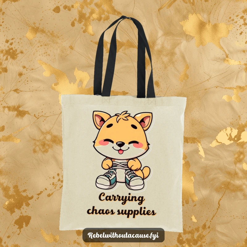 Funny Tote Bag: Playful Animal with Mischievous Grin Tying Shoelaces, Ideal for Pranksters and Jokers.