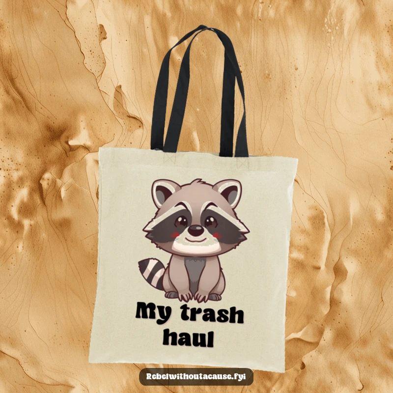 Funny raccoon swagger tote bag illustrating a spunky raccoon with a confident stride, ideal for carrying necessities with a humorous flair.