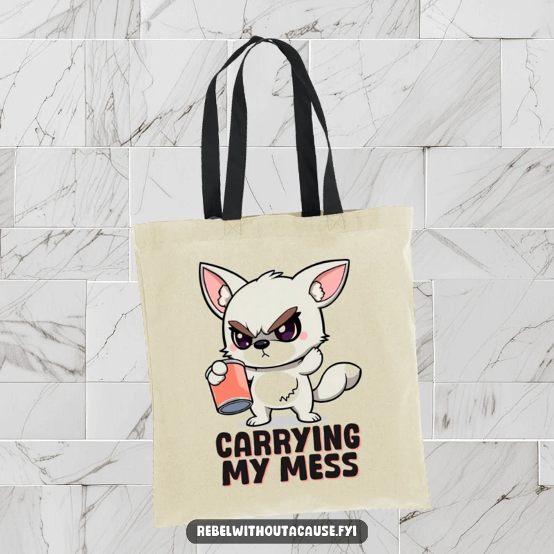 Funny tote bag featuring a defiant animal character holding a cracked, empty paint can, perfect for carrying art supplies with rebellious flair.