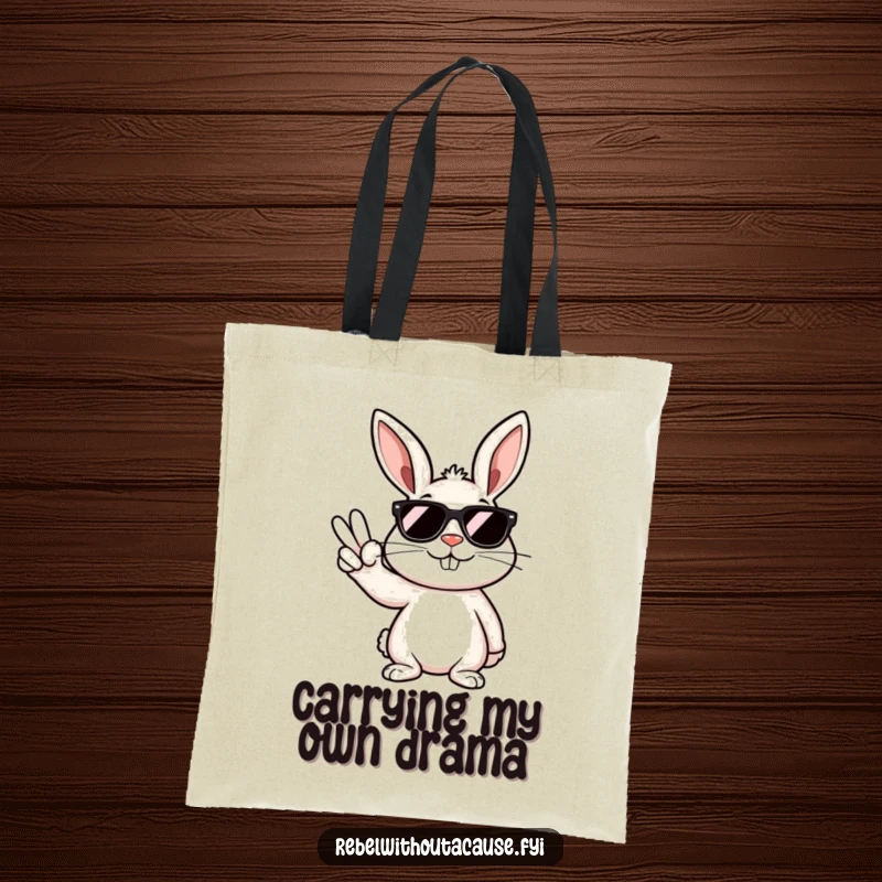 Funny tote bag showcasing a rebellious bunny in sunglasses with a peace sign, perfect for carrying daily essentials.