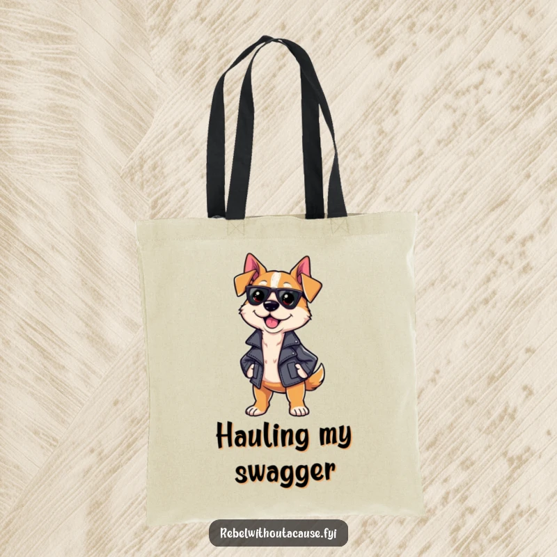 Funny Sassy Dog Tote Bag featuring a cool dog in a leather jacket, confidently strutting, ideal for carrying daily essentials with style.