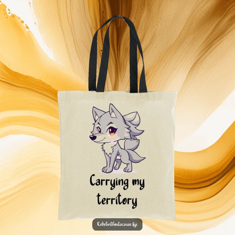 Funny tote bag with a spirited wolf character standing confidently, tail held high, symbolizing free spirit.