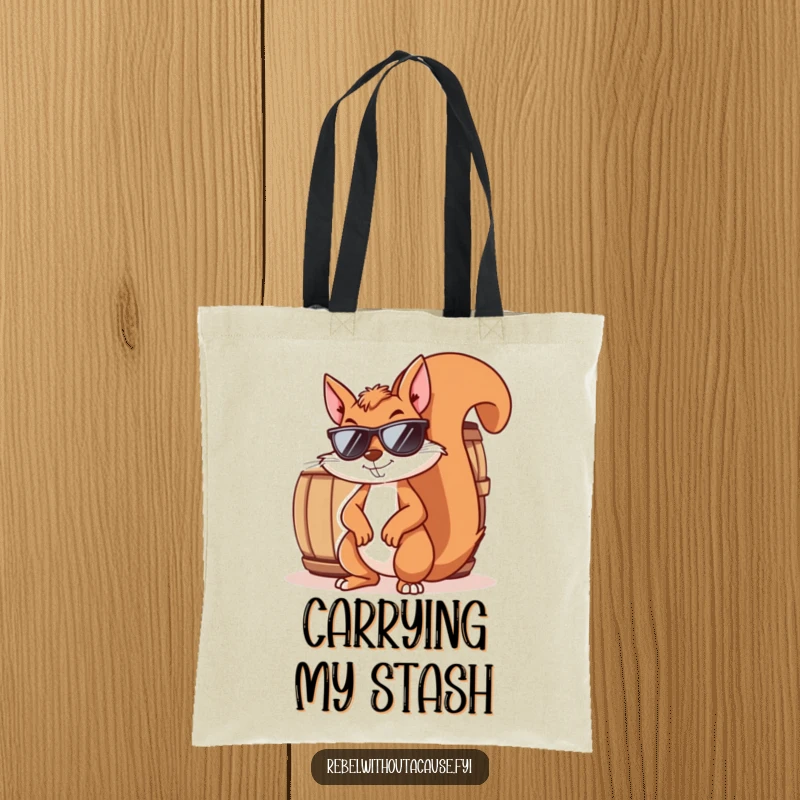 Funny squirrel tote bag displaying a mischievous squirrel wearing sunglasses and smirking, leaning against a barrel. Practical and humorous.