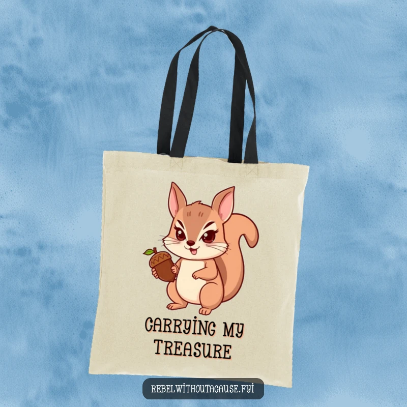 Funny squirrel tote bag designed with a spunky squirrel determinedly holding an acorn, a fun and motivational funny gift.