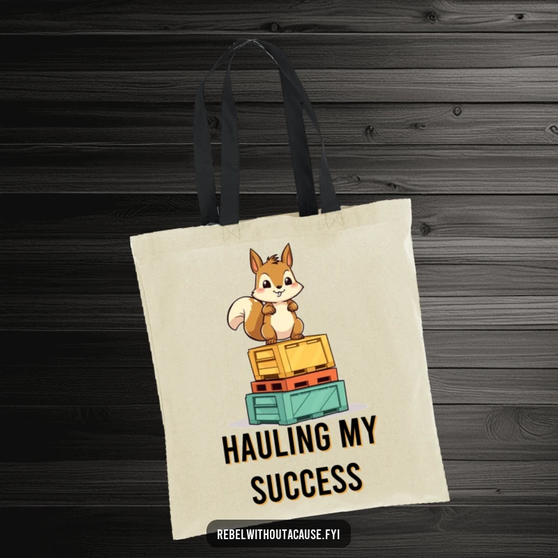 Funny Squirrel Victory Tote Bag: A fearless squirrel character stands proudly on a stack of overturned crates, ready for errands.